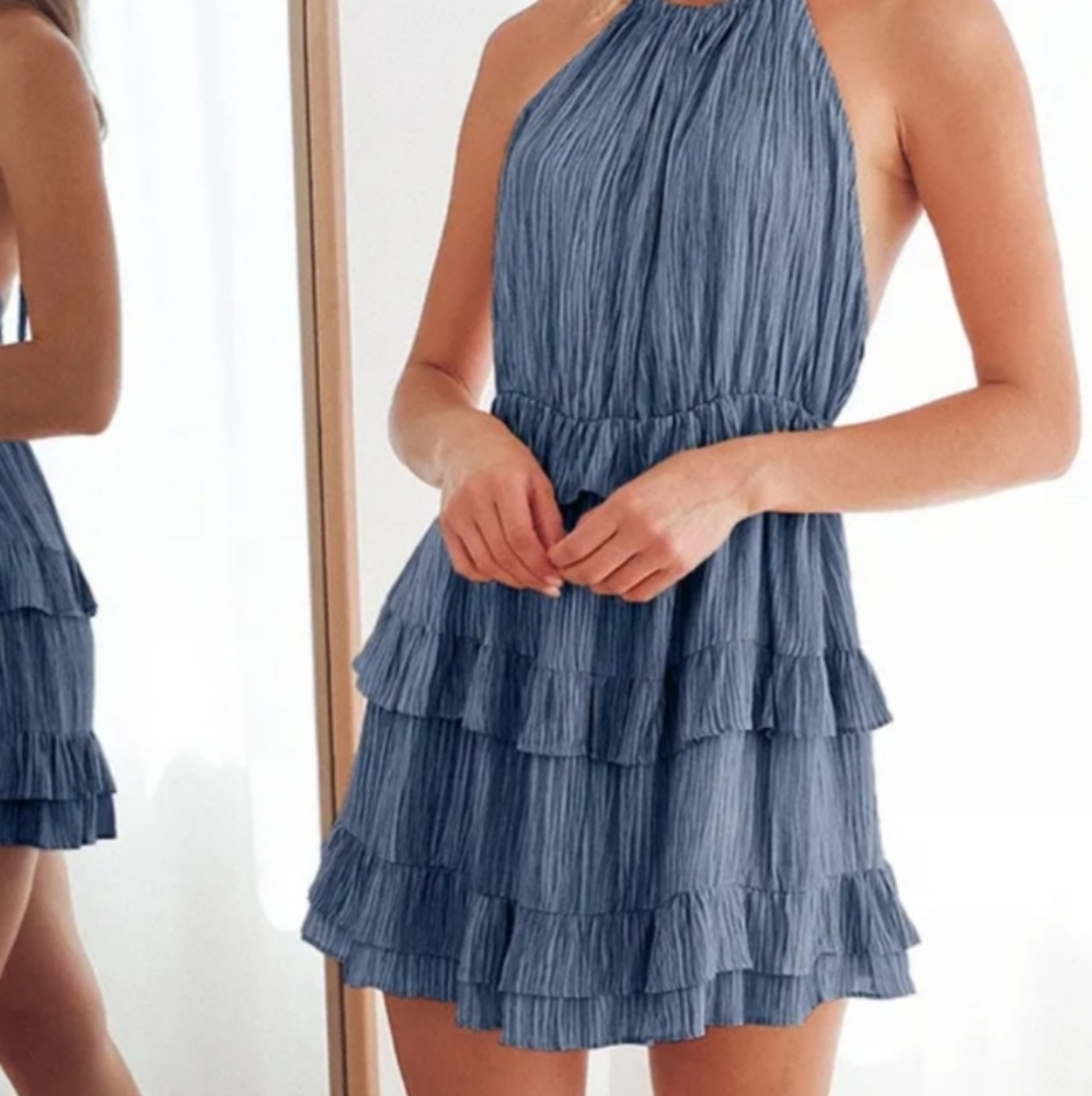 Blue Ruffled Halter Mini Dress - Picture 2 of 3